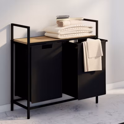 Panier à linge 2 bacs DETROIT tissu noir design industriel