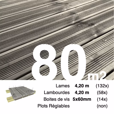 Kit terrasse Pin autoclave Gris pour 80 m², Lames 4,2 m, lambourdes 4,2 m et visserie Inox.