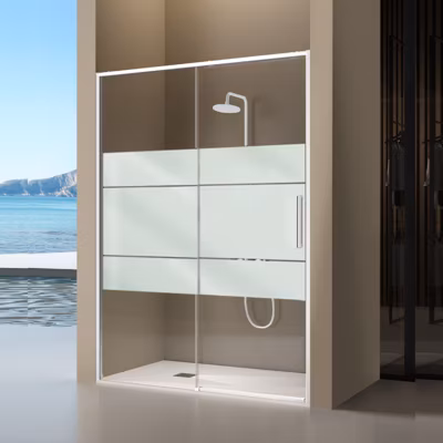 Paroi de douche coulissante DELTA – Blanc – Sérigraphié – 134-136.6 cm – Fermeture amortie – Réversible – Anticalcaire
