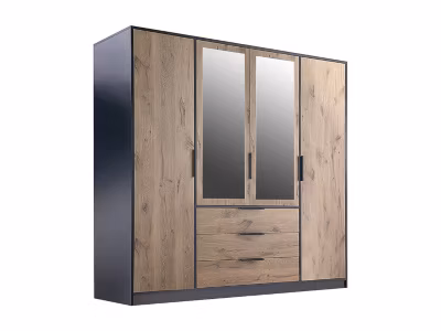 Armoire 4 portes et 3 tiroirs – Avec miroirs – L196 cm – Coloris : Naturel et noir – LAMIKI