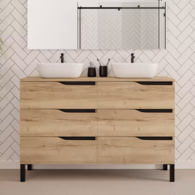 Meuble de salle de bain 120cm avec plateau et 2 vasques à poser zeus – sans miroir – miel (chêne clair) – MATA