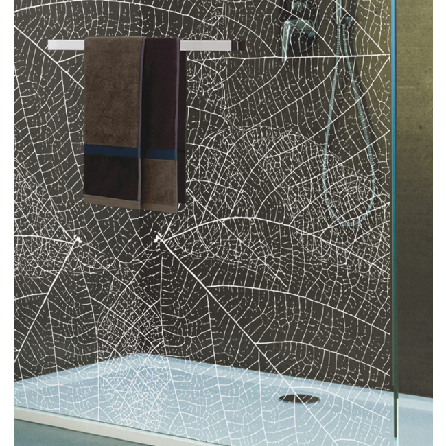 Paroi de douche fixe – verre sérigraphié végétal blanc – profilé argent – Frisbee LEDA