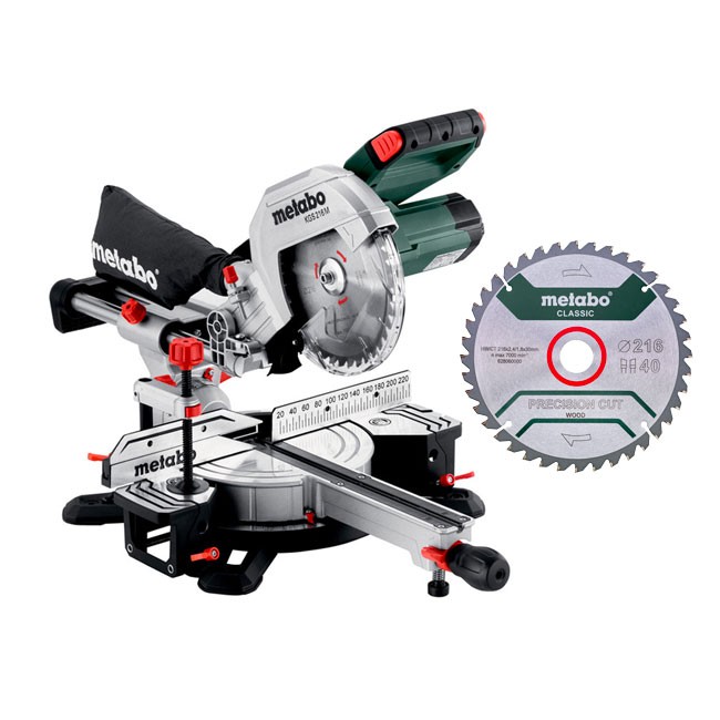 Pack scie à onglets radiale 1500W KGS 216 M + lame de scie 216×30 40WZ METABO